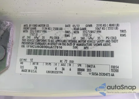 2013 Ford Escape Se z USA, uszkodzony, nr VIN 1FMCU9G93DUA17816